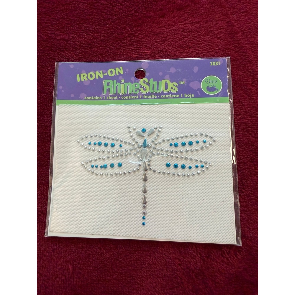 Dritz Iron-On RhineStuds Dragonfly Applique Blue‎ Silver Heat Transfer 2881 NEW